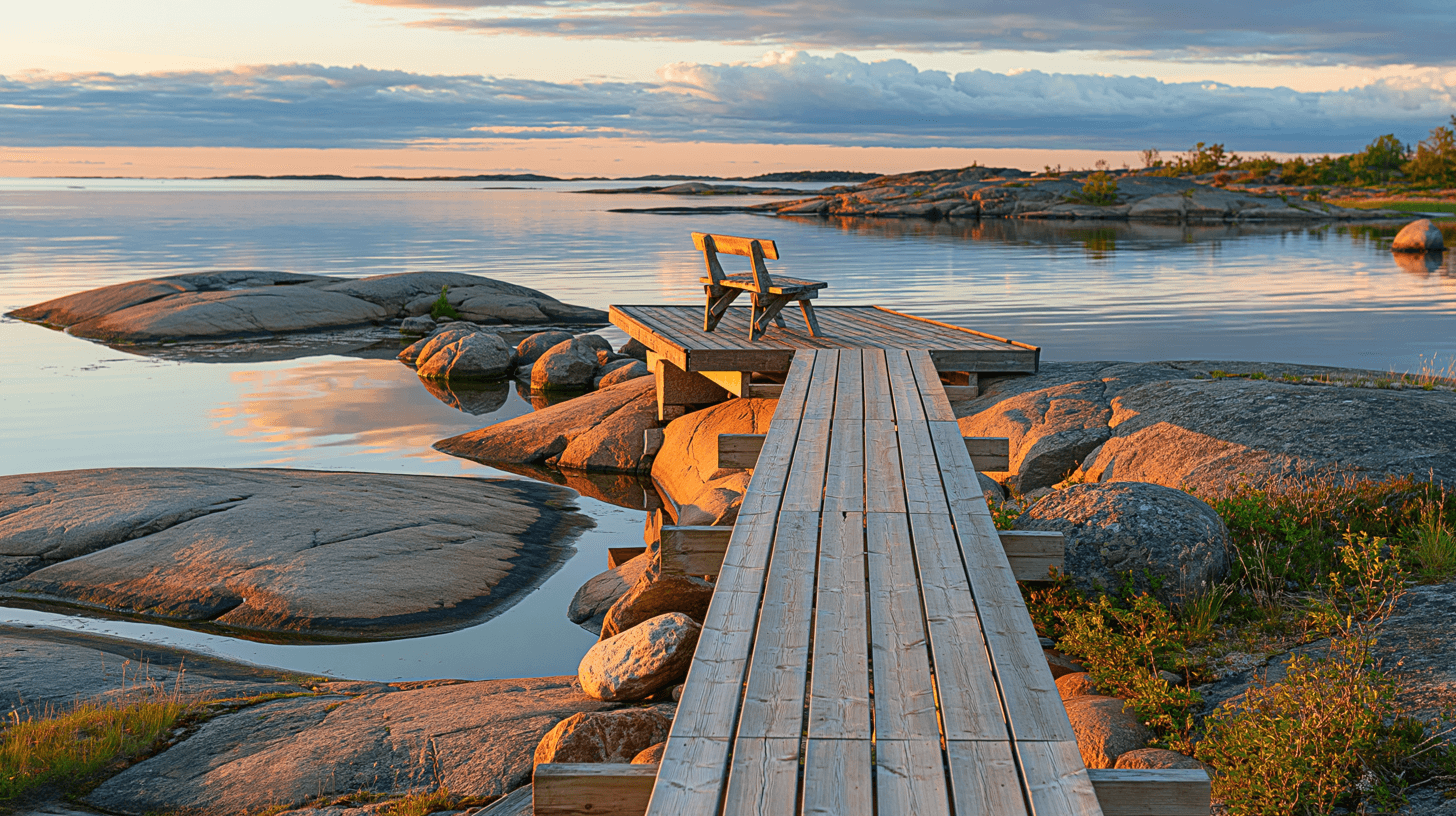 Träbrygga med bänk mot öppet skärgårdshav