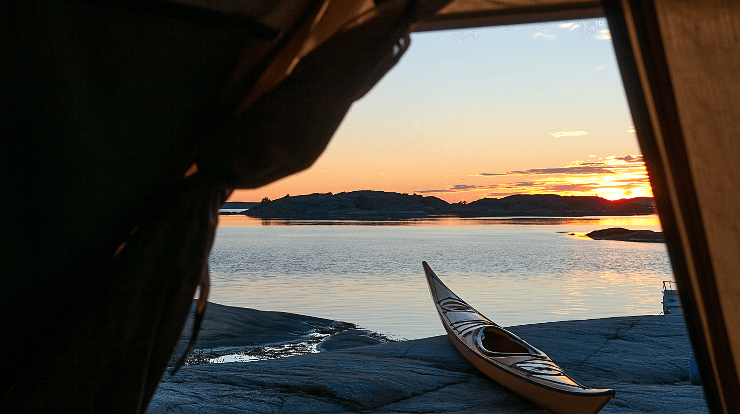 Kajak på klipphäll mot öppet skärgårdshav