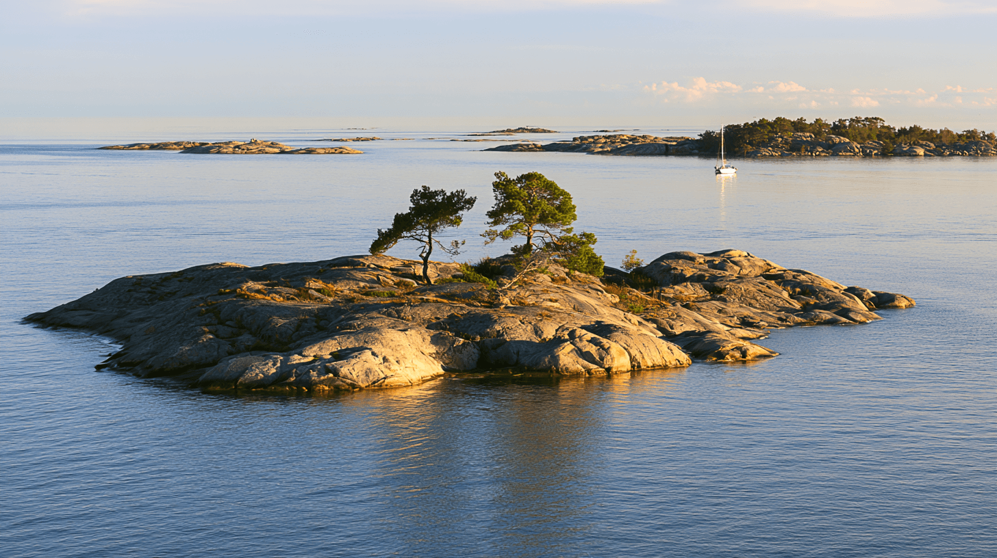 Liten klippö med två tallar i solnedgången