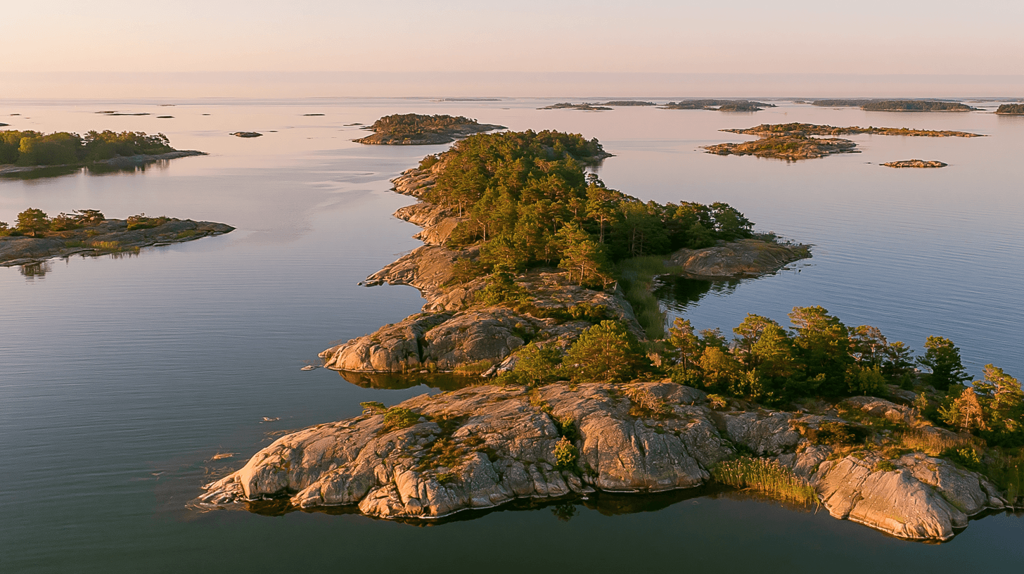 Archipelago islands in golden light, seen from above