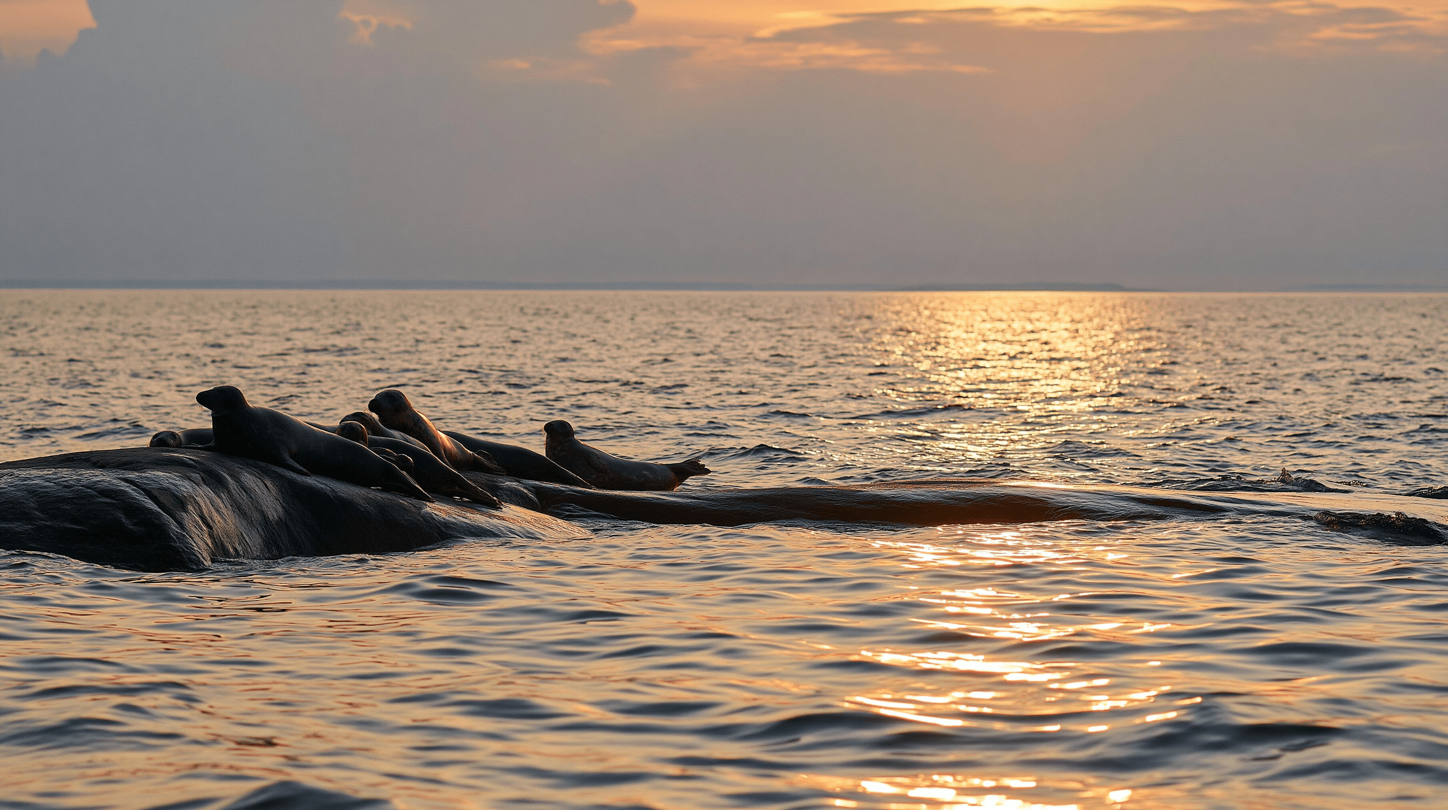 Seals resting on a skerry at sunset