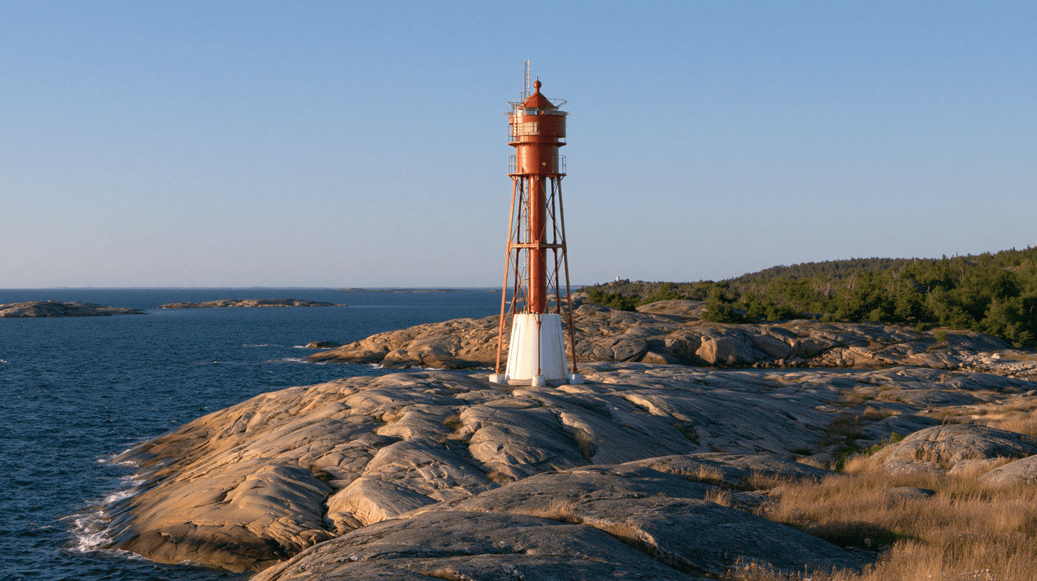 Röd fyr på klipphäll mot öppet hav