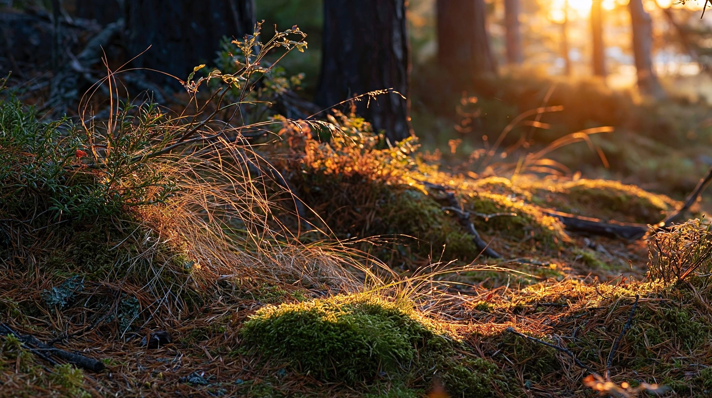 Mossa och tallbarr i gyllene ljus