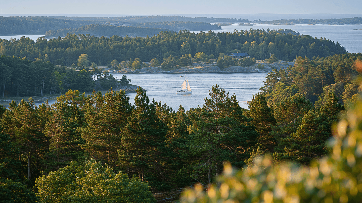 Sailboat far out on still archipelago water